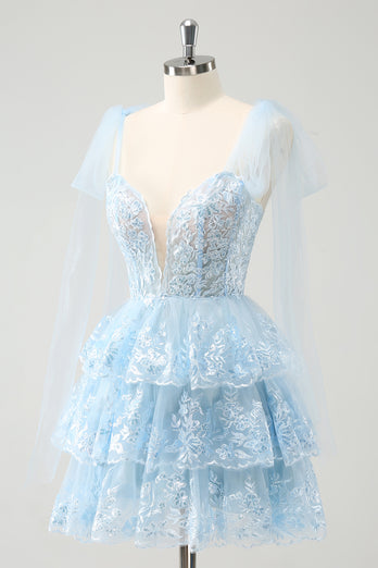 Glitter Blue A Line Embroidery Tiered Graduation Dress with Appliques