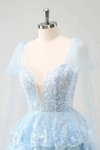 Glitter Blue A Line Embroidery Tiered Graduation Dress with Appliques