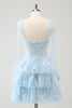 Load image into Gallery viewer, Glitter Blue A Line Embroidery Tiered Graduation Dress with Appliques