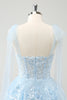 Load image into Gallery viewer, Glitter Blue A Line Embroidery Tiered Graduation Dress with Appliques