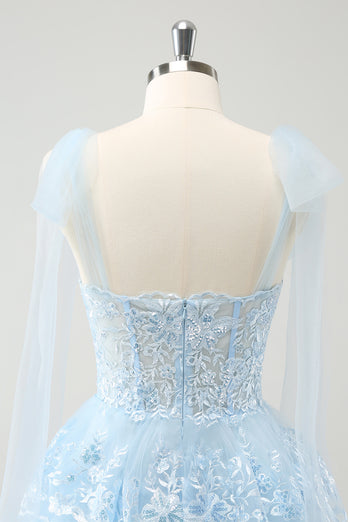 Glitter Blue A Line Embroidery Tiered Graduation Dress with Appliques