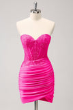 Fuchsia Sweetheart Corset Tight Graduation Dress with Beading