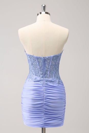 Lilac Strapless Corset Pleated Tight Graduation Dress with Appliques