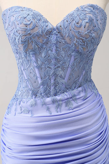 Lilac Strapless Corset Pleated Tight Graduation Dress with Appliques