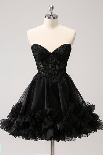 Cute Black A Line Corset Strapless Ruffled Short Graduation Dress