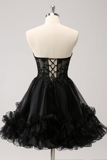 Cute Black A Line Corset Strapless Ruffled Short Graduation Dress