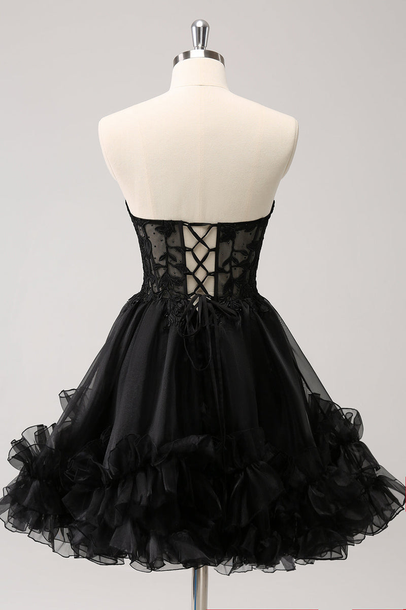 Load image into Gallery viewer, Cute Black A Line Corset Strapless Ruffled Short Graduation Dress