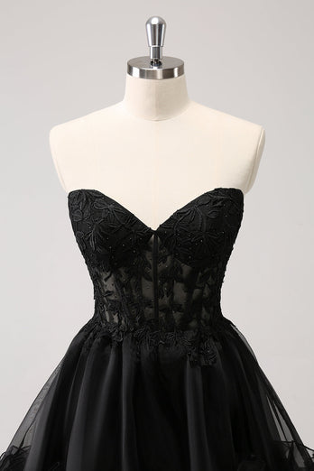 Cute Black A Line Corset Strapless Ruffled Short Graduation Dress