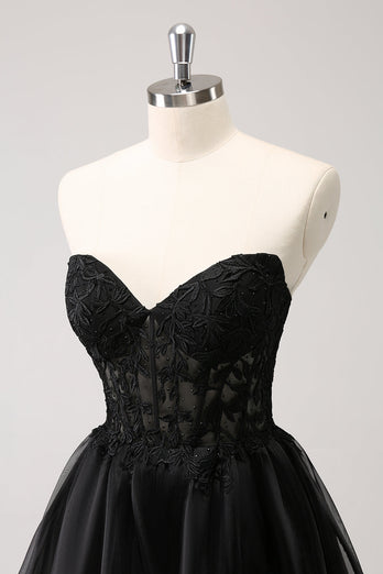 Cute Black A Line Corset Strapless Ruffled Short Graduation Dress