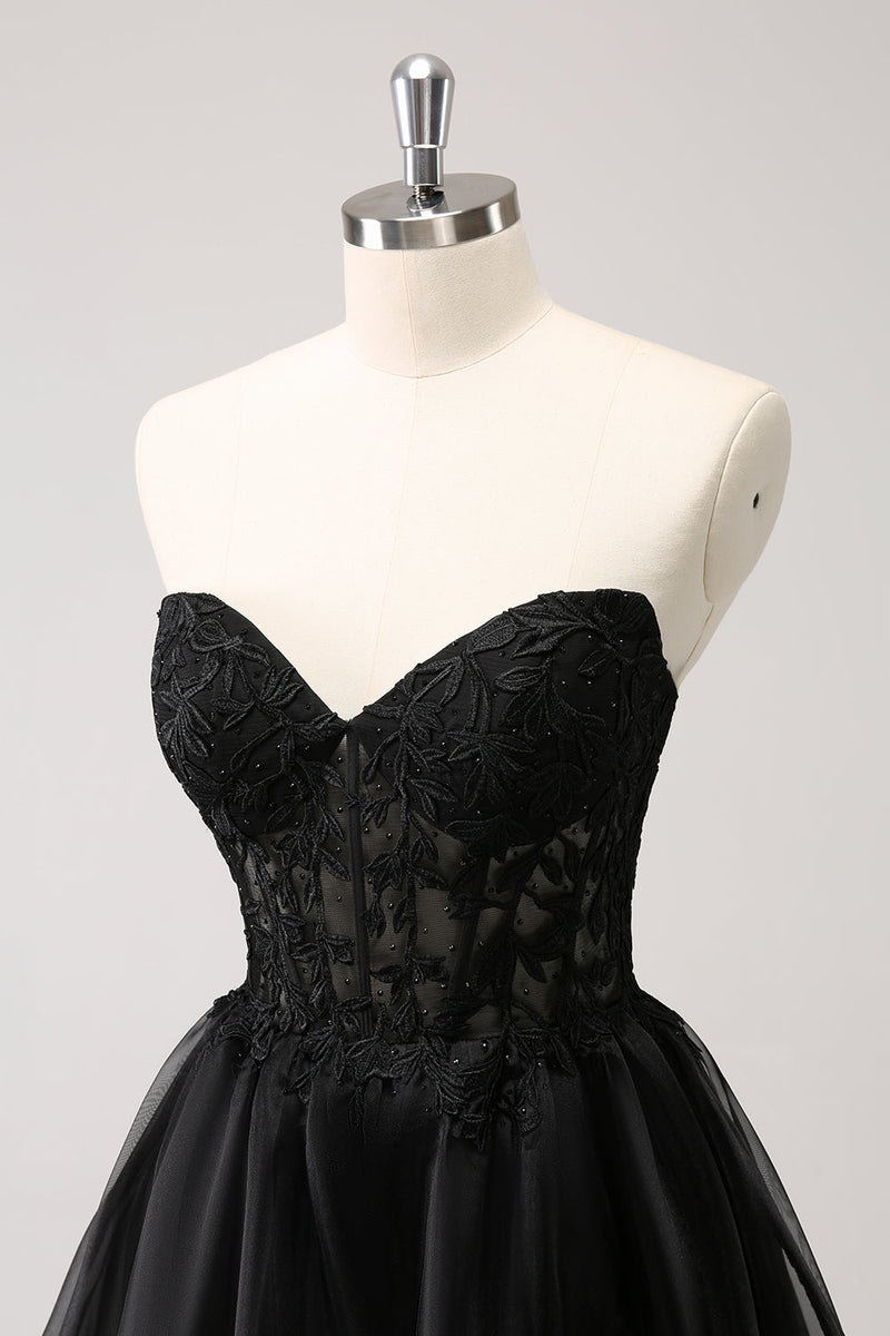 Load image into Gallery viewer, Cute Black A Line Corset Strapless Ruffled Short Graduation Dress