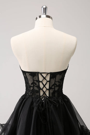 Cute Black A Line Corset Strapless Ruffled Short Graduation Dress