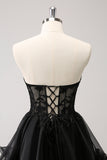 Cute Black A Line Corset Strapless Ruffled Short Graduation Dress