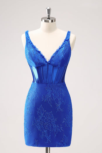 Royal Blue Bodycon V-Neck Short Graduation Dress with Lace Up Back