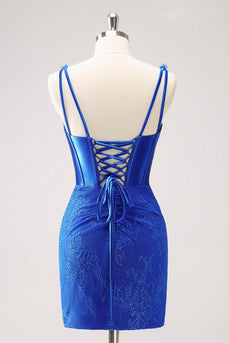 Royal Blue Bodycon V-Neck Short Graduation Dress with Lace Up Back