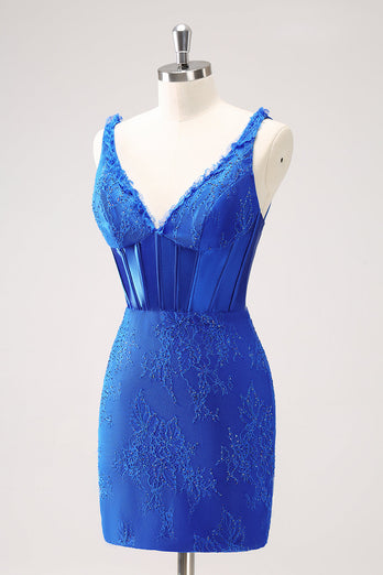 Royal Blue Bodycon V-Neck Short Graduation Dress with Lace Up Back