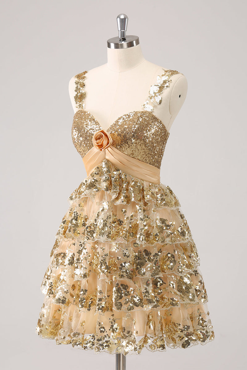 Load image into Gallery viewer, Golden A-Line Spaghetti Straps Sequined Graduation Dress with Flower