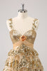 Load image into Gallery viewer, Golden A-Line Spaghetti Straps Sequined Graduation Dress with Flower