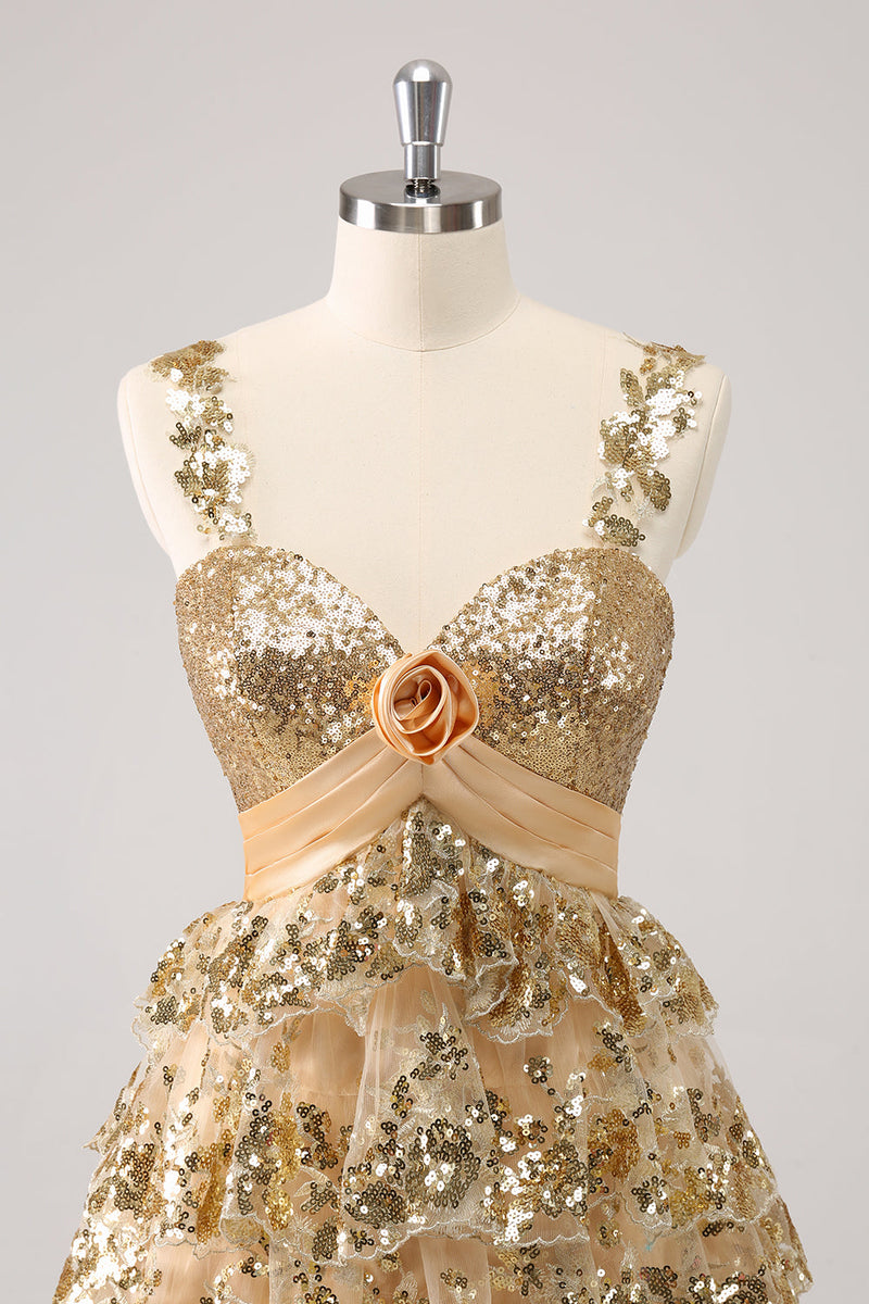 Load image into Gallery viewer, Golden A-Line Spaghetti Straps Sequined Graduation Dress with Flower