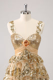 Golden A-Line Spaghetti Straps Sequined Graduation Dress with Flower