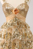 Load image into Gallery viewer, Golden A-Line Spaghetti Straps Sequined Graduation Dress with Flower