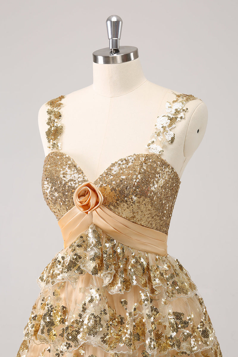 Load image into Gallery viewer, Golden A-Line Spaghetti Straps Sequined Graduation Dress with Flower