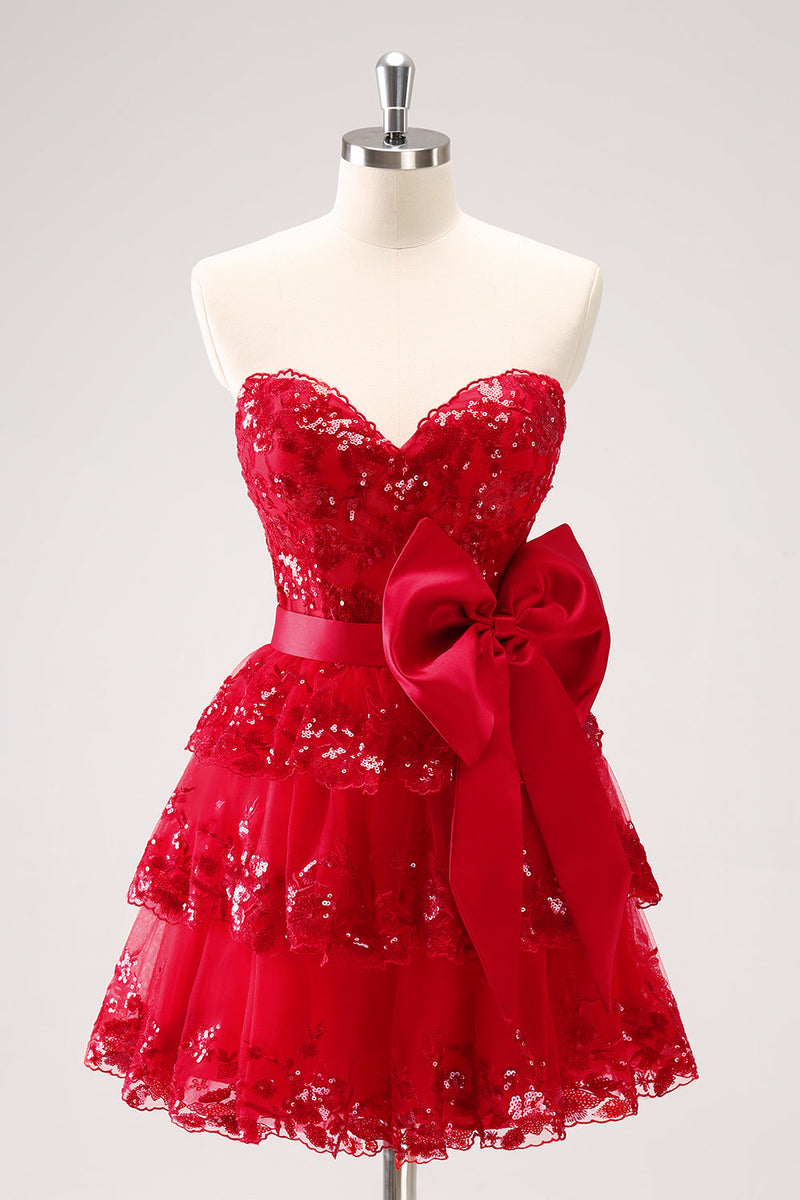 Load image into Gallery viewer, Sparkly Red A-Line Strapless Tiered Sequins Graduation Dress with Bow