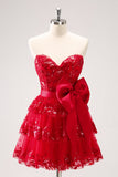 Sparkly Red A-Line Strapless Tiered Sequins Graduation Dress with Bow