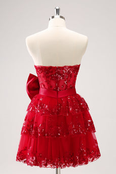 Sparkly Red A-Line Strapless Tiered Sequins Graduation Dress with Bow