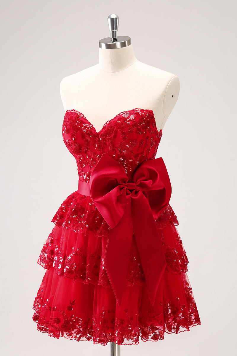 Load image into Gallery viewer, Sparkly Red A-Line Strapless Tiered Sequins Graduation Dress with Bow