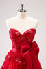 Load image into Gallery viewer, Sparkly Red A-Line Strapless Tiered Sequins Graduation Dress with Bow