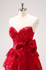 Load image into Gallery viewer, Sparkly Red A-Line Strapless Tiered Sequins Graduation Dress with Bow