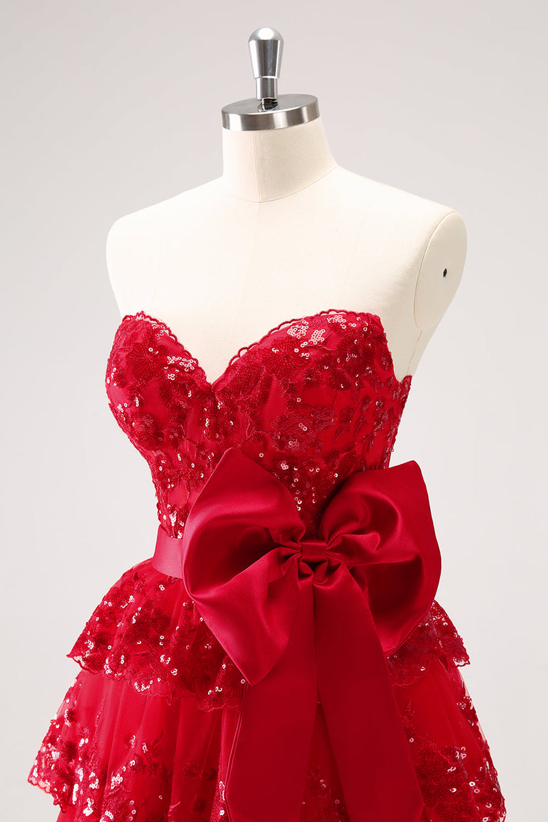 Load image into Gallery viewer, Sparkly Red A-Line Strapless Tiered Sequins Graduation Dress with Bow