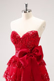 Sparkly Red A-Line Strapless Tiered Sequins Graduation Dress with Bow
