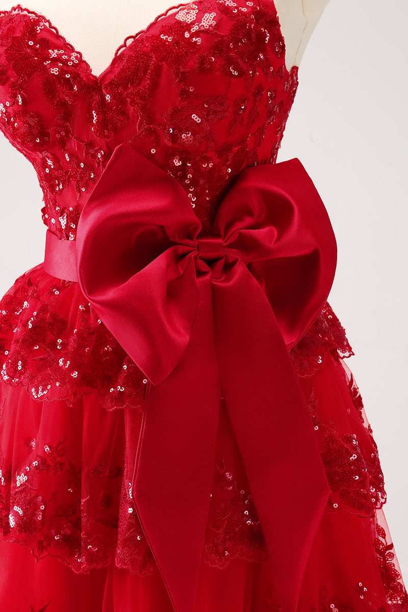 Load image into Gallery viewer, Sparkly Red A-Line Strapless Tiered Sequins Graduation Dress with Bow