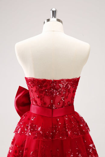 Sparkly Red A-Line Strapless Tiered Sequins Graduation Dress with Bow