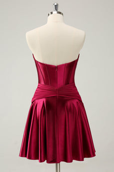 Burgundy A Line Sweetheart Pleated Keyhole Satin Short Graduation Dress