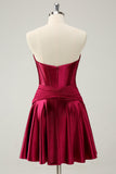 Burgundy A Line Sweetheart Pleated Keyhole Satin Short Graduation Dress