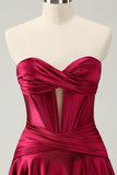 Burgundy A Line Sweetheart Pleated Keyhole Satin Short Graduation Dress