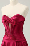 Burgundy A Line Sweetheart Pleated Keyhole Satin Short Graduation Dress