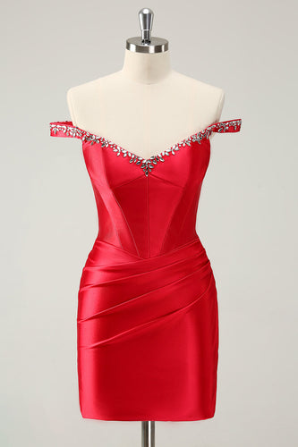 Glitter Red Beaded Off the Shoulder Satin Tight Graduation Dress