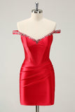 Glitter Red Beaded Off the Shoulder Satin Tight Graduation Dress