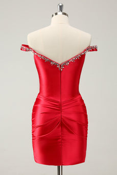 Glitter Red Beaded Off the Shoulder Satin Tight Graduation Dress