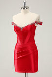 Glitter Red Beaded Off the Shoulder Satin Tight Graduation Dress
