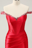 Glitter Red Beaded Off the Shoulder Satin Tight Graduation Dress