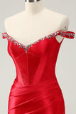 Glitter Red Beaded Off the Shoulder Satin Tight Graduation Dress