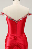 Glitter Red Beaded Off the Shoulder Satin Tight Graduation Dress