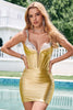 Load image into Gallery viewer, Golden Bodycon Spaghetti Straps Corset Lace Up Back Graduation Dress with Sequins