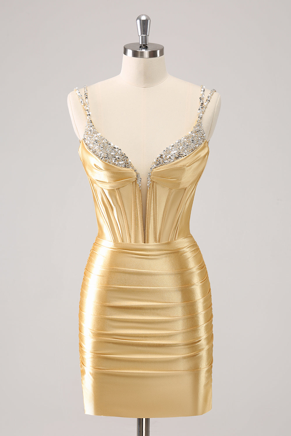 Golden Spaghetti Straps Bodycon Graduation Dress with Sequins