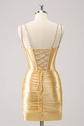 Golden Spaghetti Straps Bodycon Graduation Dress with Sequins