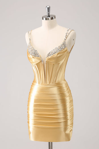 Golden Spaghetti Straps Bodycon Graduation Dress with Sequins